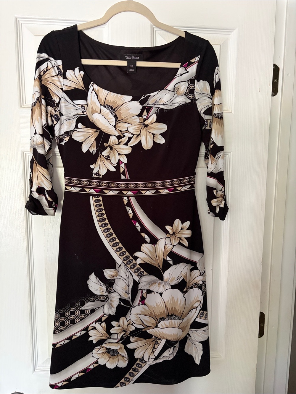 White House Black Market Black Floral Midi Dress with Cream Accents